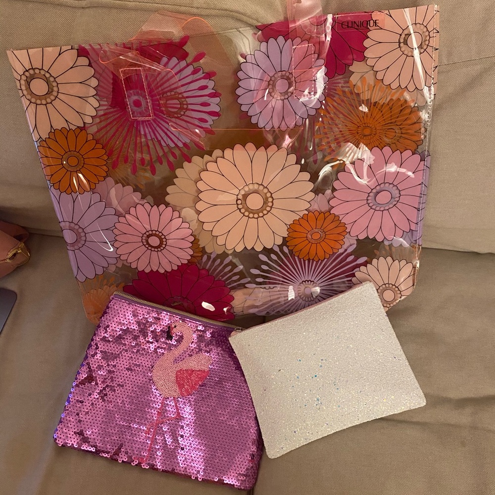 Clinique tote and Clinique and Tarte makeup bags